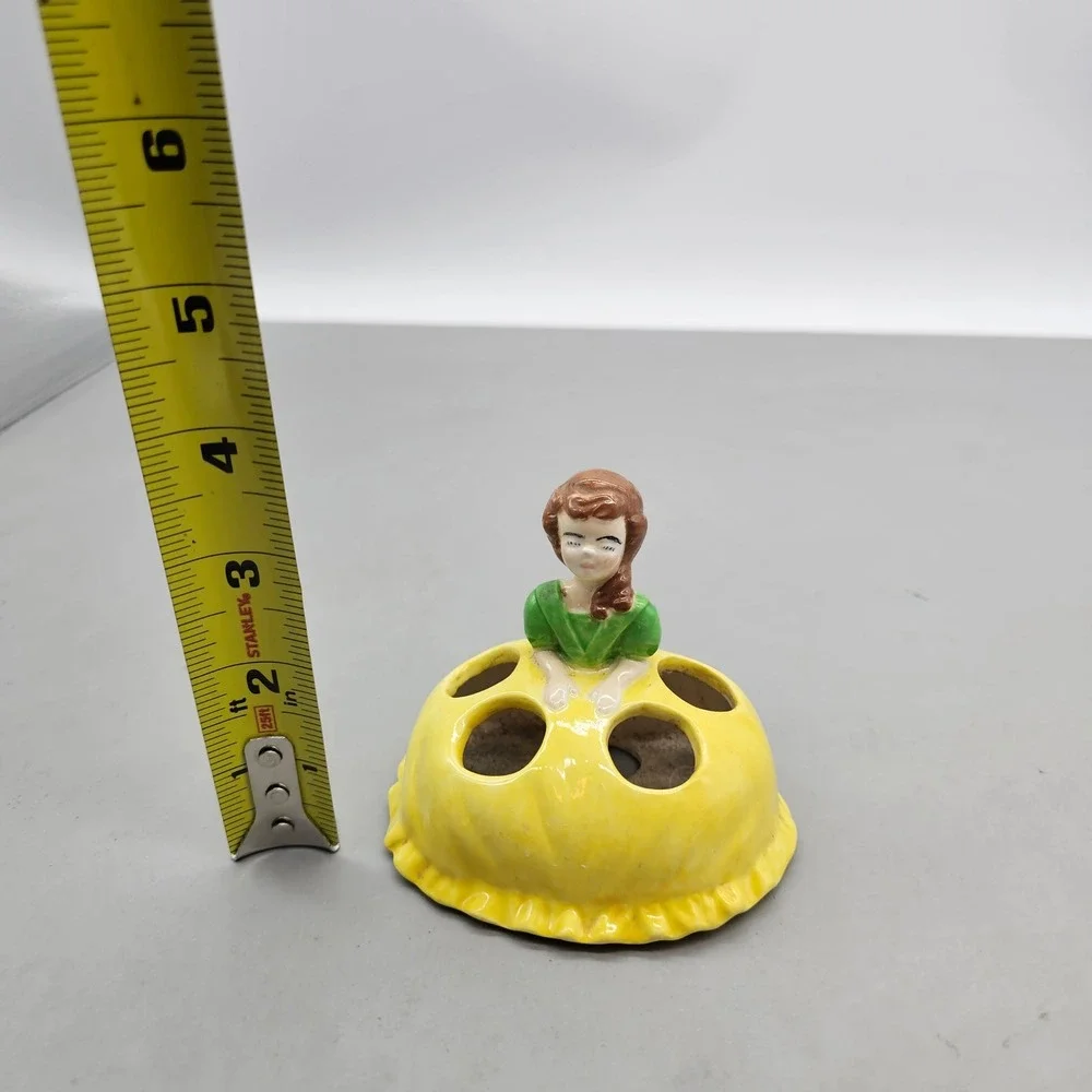 Vintage 1974 Lana Signed Ceramic Girl Flower Frog Figurine Yellow Green Dress
